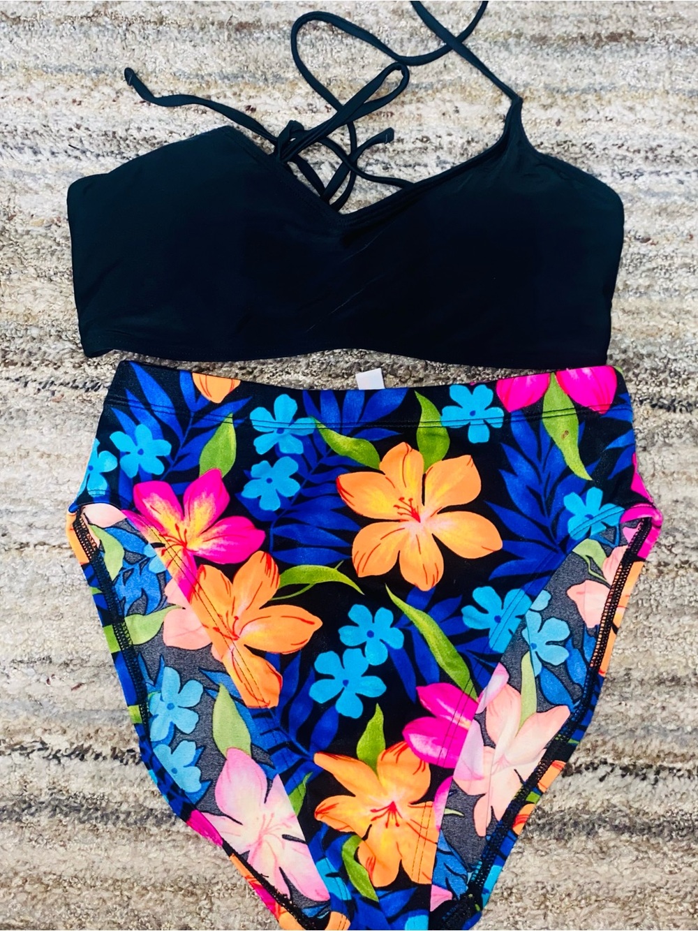Catalina Floral Bikini Set with Black Top and Bright Multicolor Bottoms
